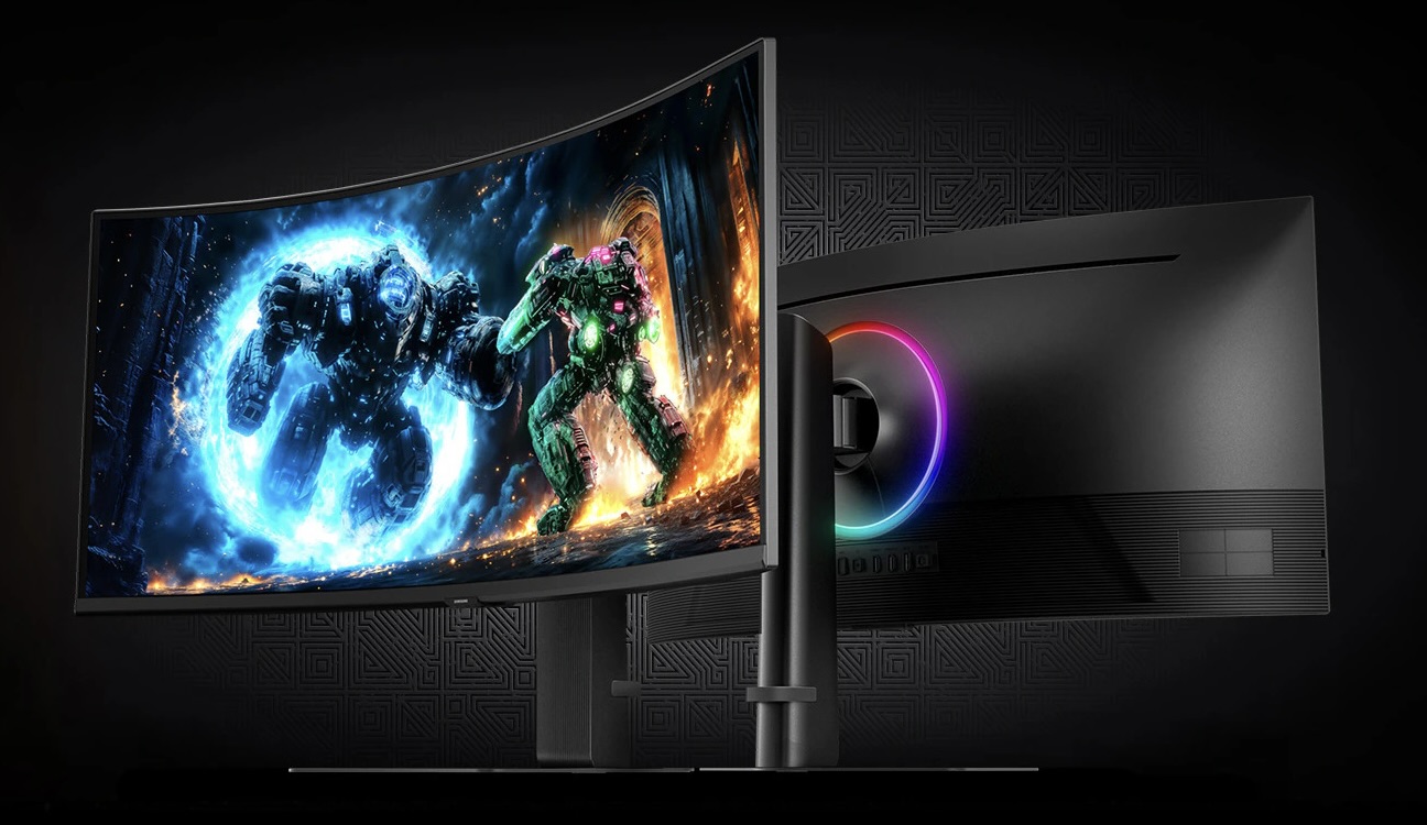Curved ultrawide monitor showing an action-packed game scene