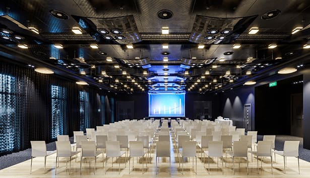 Event room with presentation on screen