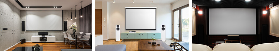 Various home cinemas with screens, projector and sound system